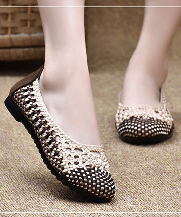 Handmade Pointed Toe Flat Shoes For Women Beige Chocolate Knit Fabric Flats