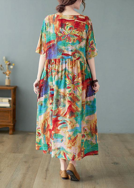 Handmade Print V Neck Patchwork Pockets Summer Long Dresses Half Sleeve - SooLinen
