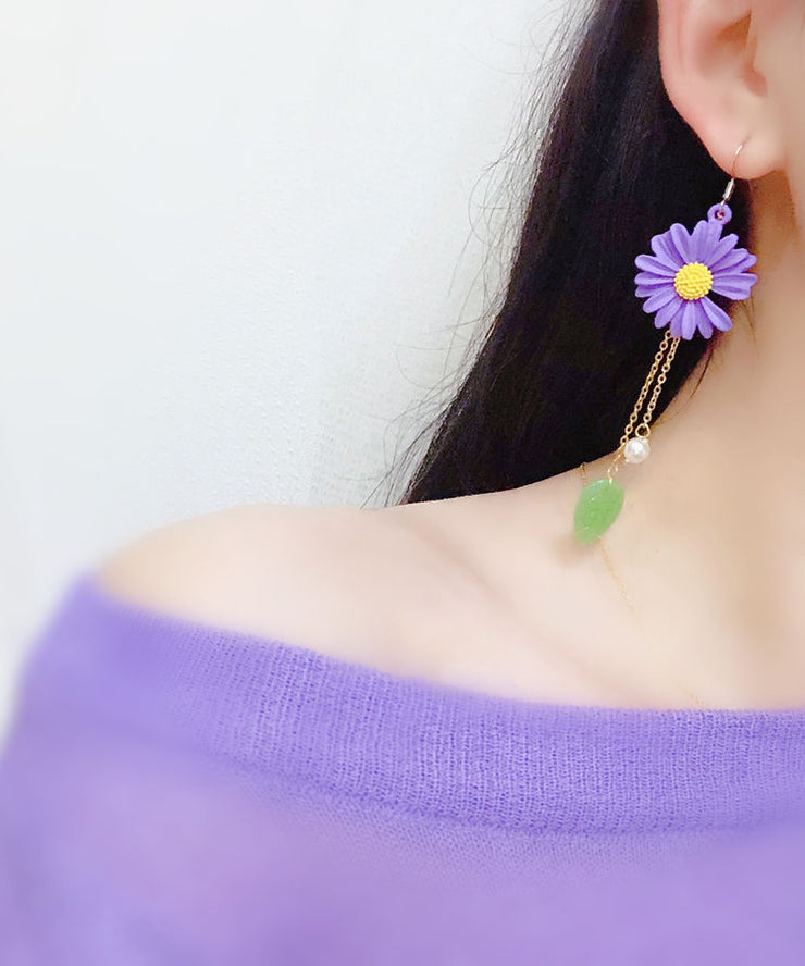 Handmade Purple Alloy Inlaid Jade Little Daisy Drop Earrings
