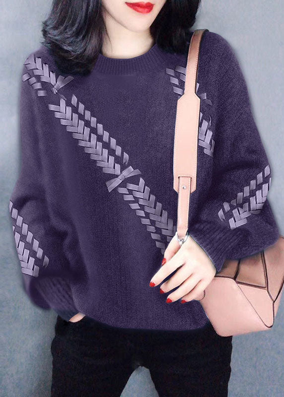 Handmade Purple Asymmetrical Casual Knit Knitted Tops Winter