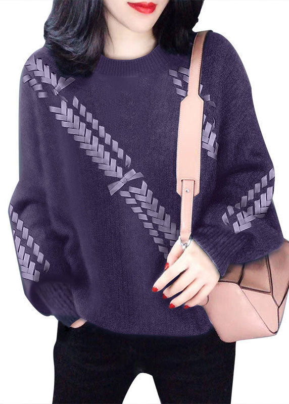 Handmade Purple Asymmetrical Casual Knit Knitted Tops Winter