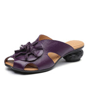 Handmade Purple Cowhide Leather Splicing Slide Sandals