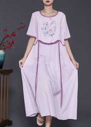 Handmade Purple Embroidered Patchwork Linen Long Dresses Summer