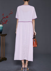 Handmade Purple Embroidered Patchwork Linen Long Dresses Summer