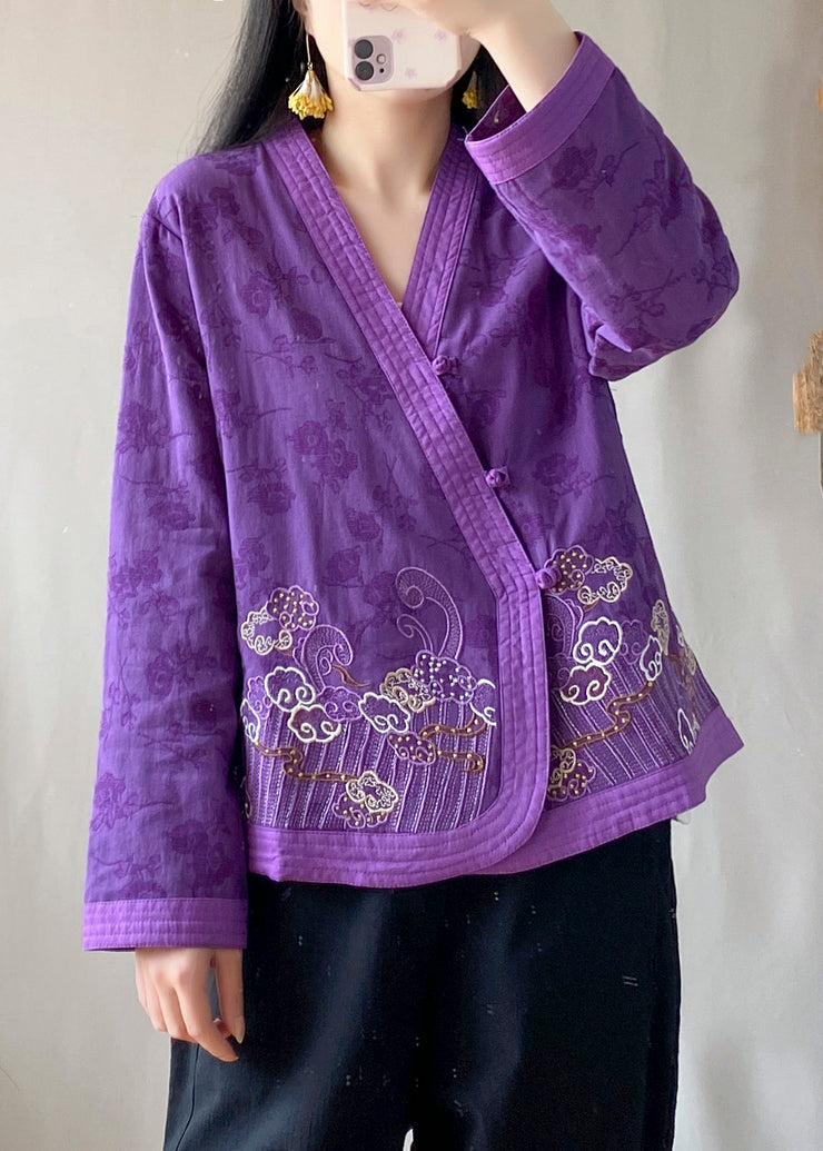 Handmade Purple Embroidered Floral Tops Long Sleeve