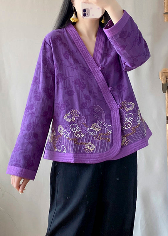 Handmade Purple Embroidered Floral Tops Long Sleeve
