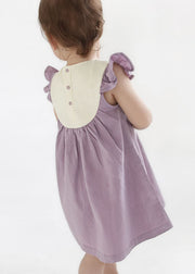 Handmade Purple Embroidered Patchwork Cotton Baby Girls Dresses Summer