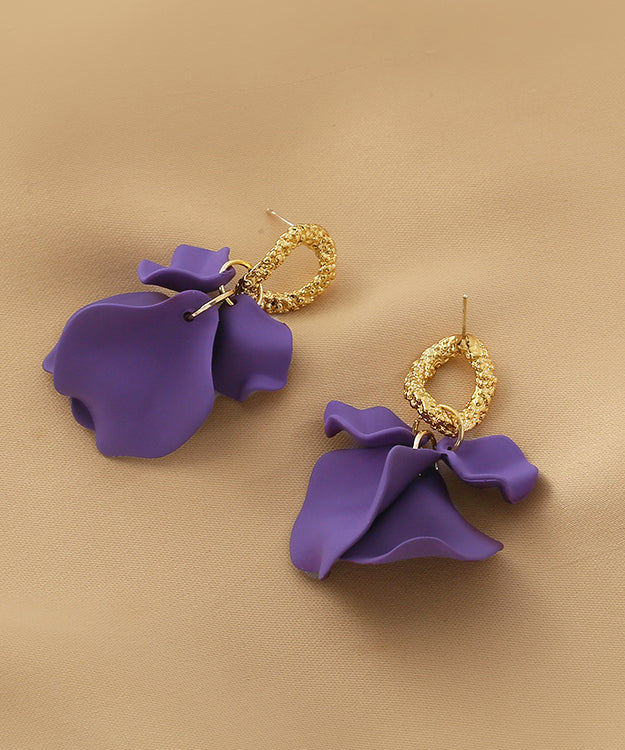 Handmade Purple Floral Alloy Acrylic Hoop Earrings