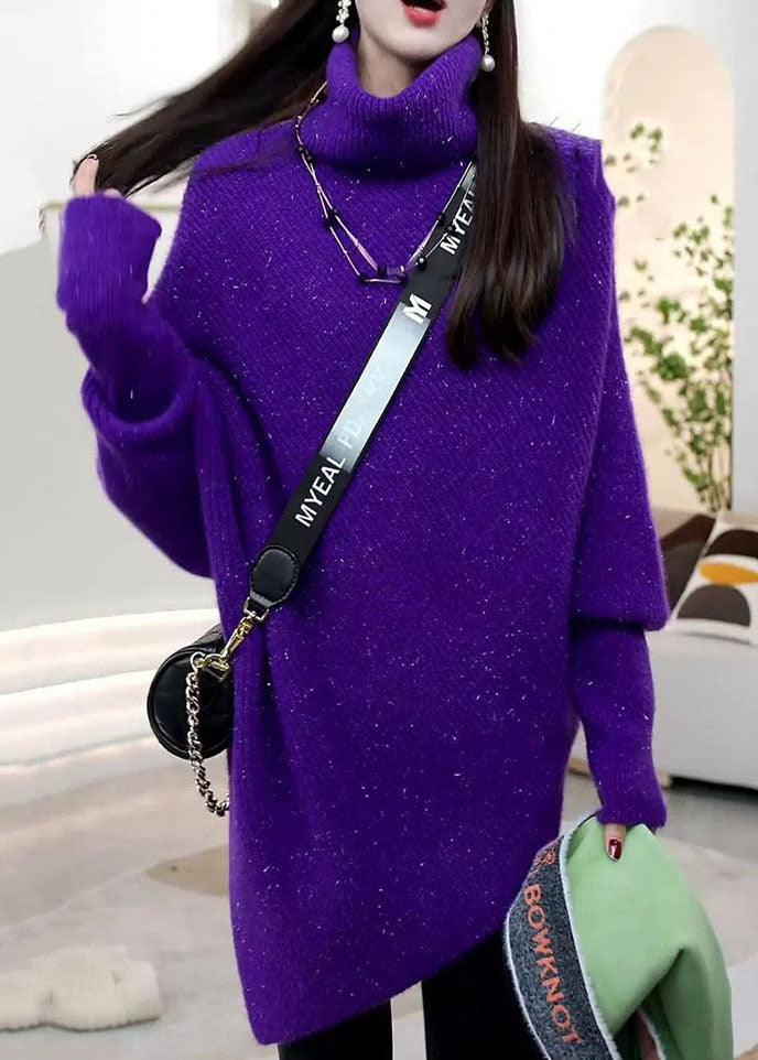 Handmade Purple Hign Neck Patchwork Knitwear Sweaters Batwing Sleeve