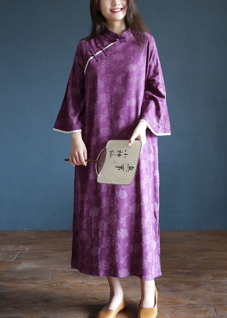 Handmade Purple Mandarin Collar Lace Patchwork Cotton Dresses Spring