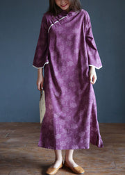 Handmade Purple Mandarin Collar Lace Patchwork Cotton Dresses Spring