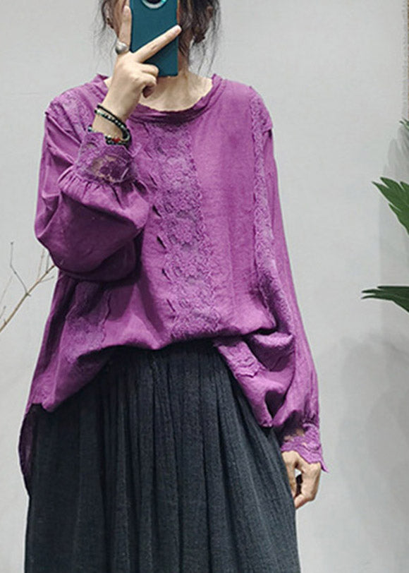 Handmade Purple O-Neck Back buckle Lace Patchwork Linen Top Long Sleeve