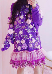 Handmade Purple O-Neck Embroidered Floral Tulle Patchwork Knit Mid Dresses Fall