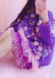 Handmade Purple O-Neck Embroidered Floral Tulle Patchwork Knit Mid Dresses Fall