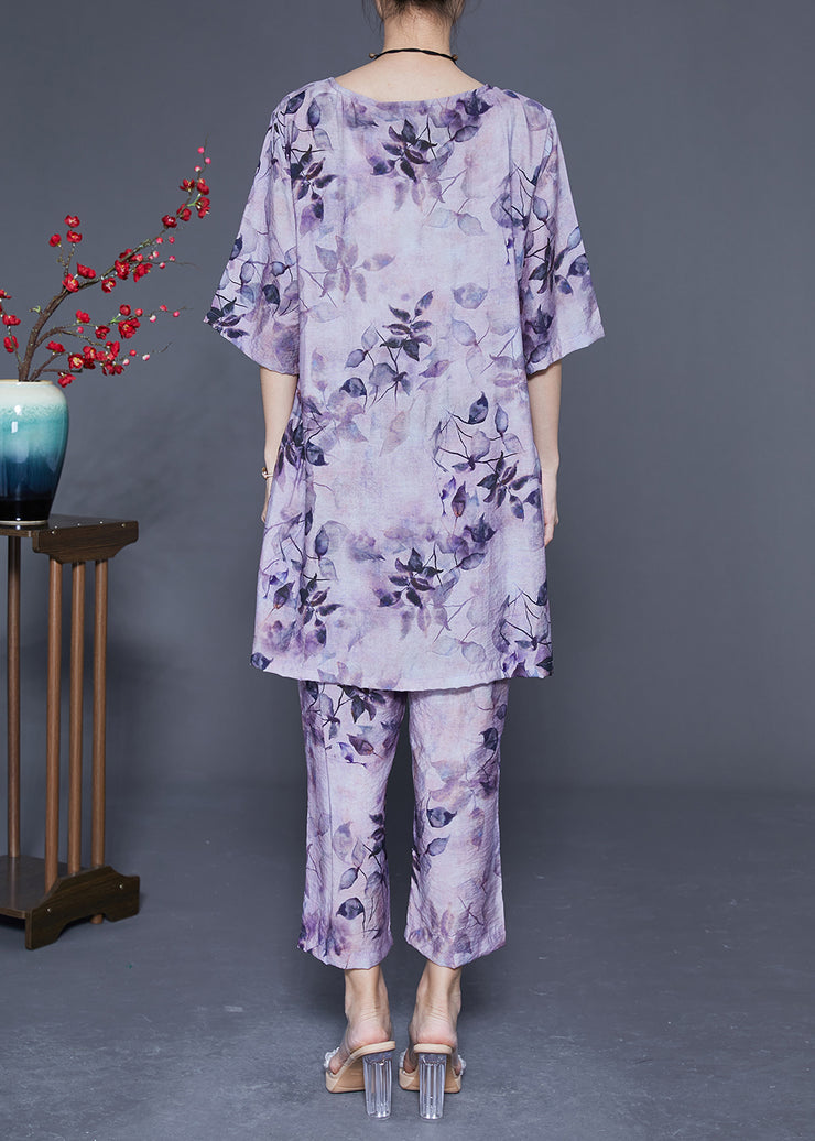 Handmade Purple O-Neck Oversized Print Linen Silk Two-Piece Set Summer