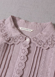 Handmade Purple Peter Pan Collar wrinkled Linen Maxi Dresses Spring