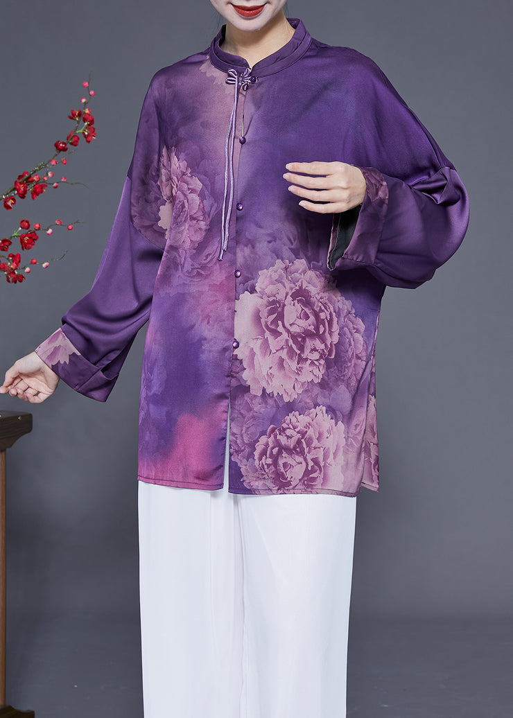 Handmade Purple Stand Collar Tassel Print Silk Shirts Spring