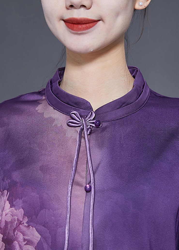 Handmade Purple Stand Collar Tassel Print Silk Shirts Spring