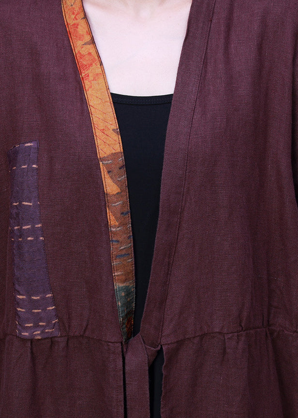 Handmade Purple V Neck Embroidered Patchwork tie waist Linen Cardigans Half Sleeve
