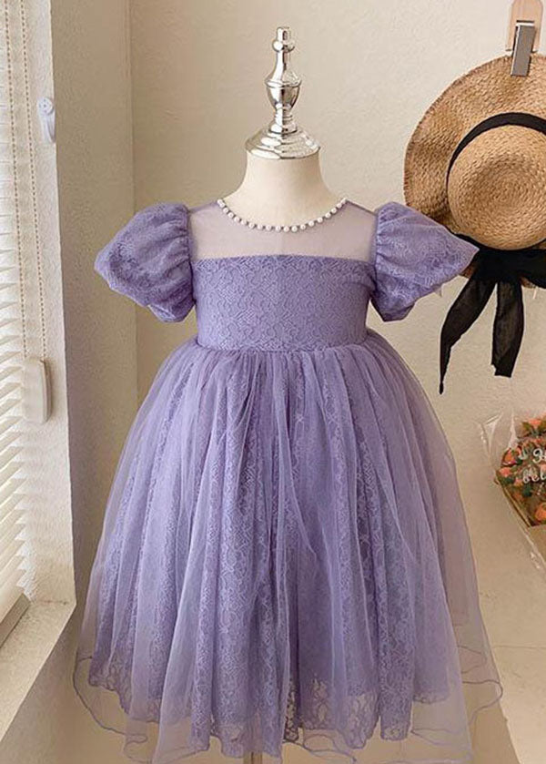 Handmade Purple Wrinkled Nail Bead Bow Patchwork Tulle Kids Girls Dresses Summer