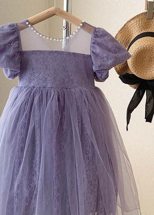 Handmade Purple Wrinkled Nail Bead Bow Patchwork Tulle Kids Girls Dresses Summer