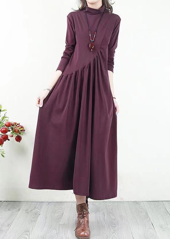 Handmade Purple Wrinkled Patchwork Cotton Long Dresses Fall
