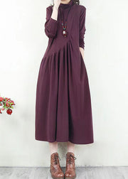 Handmade Purple Wrinkled Patchwork Cotton Long Dresses Fall
