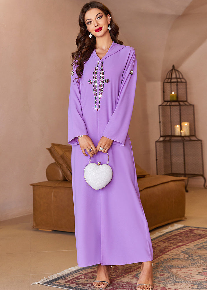 Handmade Purple Zircon Hooded Chiffon Maxi Dresses Fall