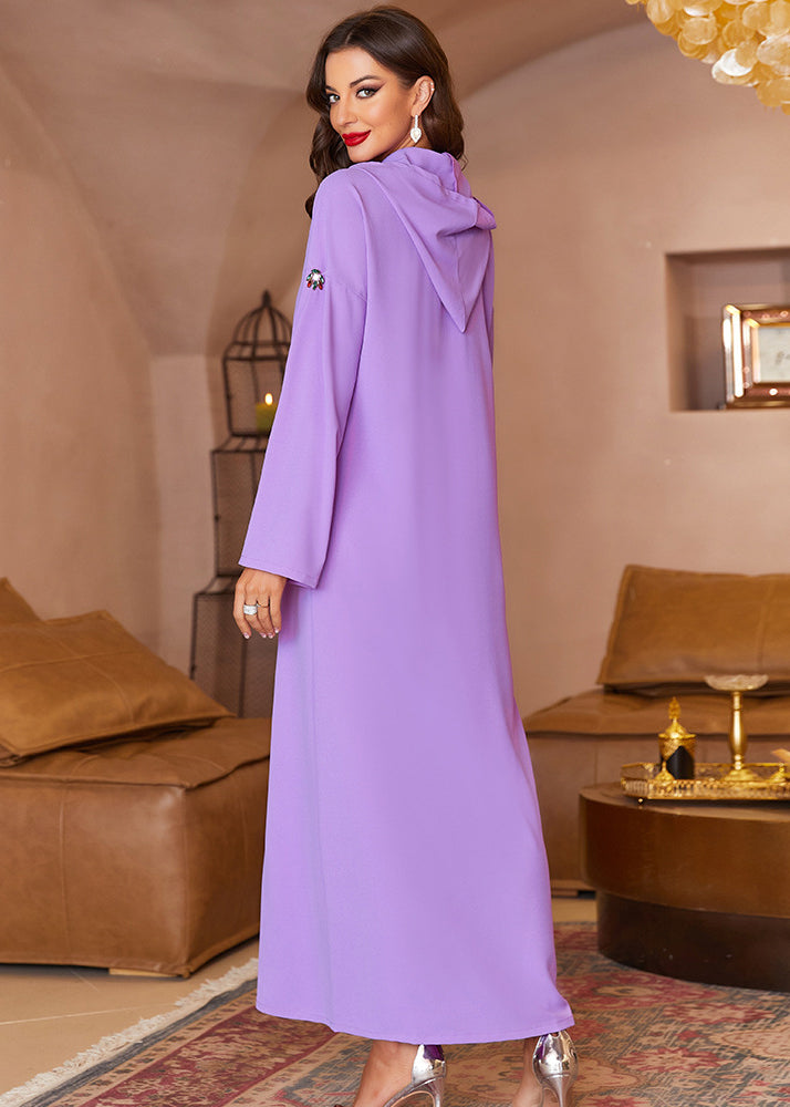 Handmade Purple Zircon Hooded Chiffon Maxi Dresses Fall