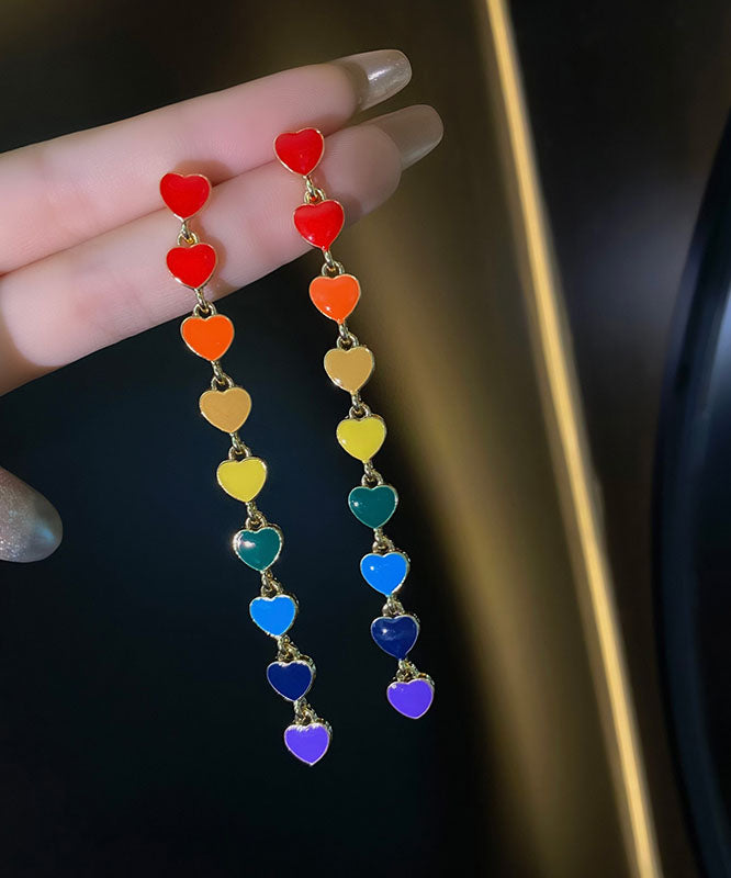 Handmade Rainbow Overgild Oil Drip Love Tassel Drop Earrings