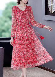 Handmade Red Cinched Print Silk Long Dress Spring
