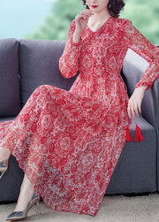 Handmade Red Cinched Print Silk Long Dress Spring