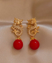 Handmade Red Copper Alloy Zircon Golden Dragon Playing With Pearl Drop Earrings
