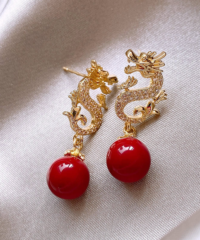 Handmade Red Copper Alloy Zircon Golden Dragon Playing With Pearl Drop Earrings