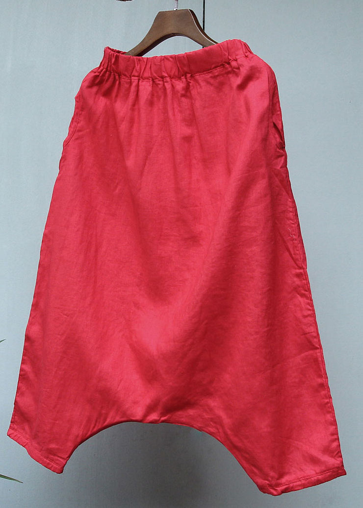 Handmade Red Elastic Waist Patchwork Linen Crop Pants Summer