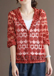 Handmade Red Embroidered Patchwork Cotton Hooded Coat Long Sleeve