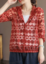 Handmade Red Embroidered Patchwork Cotton Hooded Coat Long Sleeve