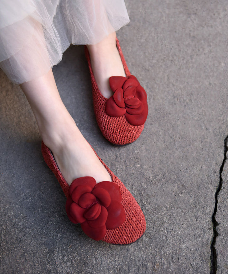 Handmade Red Flat Shoes Sheepskin Women Splicing Floral