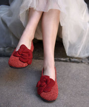 Handmade Red Flat Shoes Sheepskin Women Splicing Floral