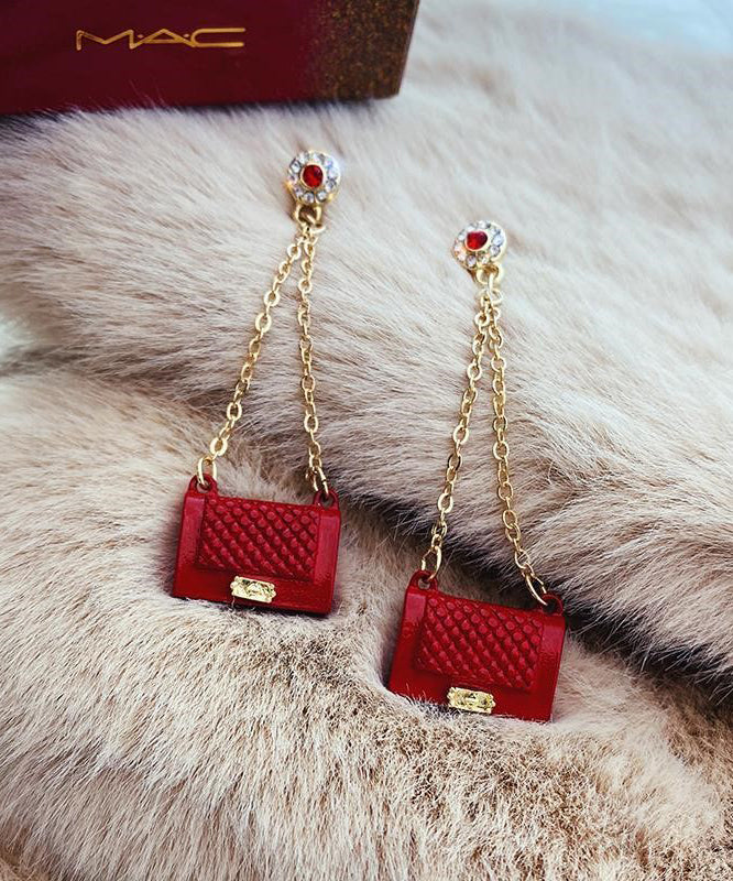 Handmade Red Handbag Zircon Tassel Metal Stud Earrings