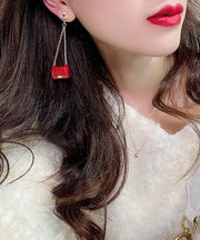 Handmade Red Handbag Zircon Tassel Metal Stud Earrings