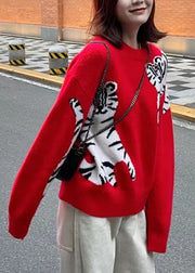 Handgemachte rote O-Neck Cartoon Print dicke Wollpullover mit langen Ärmeln