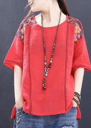 Handmade Red O-Neck Embroidered Linen Tank Tops Short Sleeve