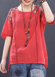 Handmade Red O-Neck Embroidered Linen Tank Tops Short Sleeve