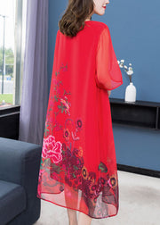 Handmade Red O Neck Floral Patchwork Chiffon Dress Summer