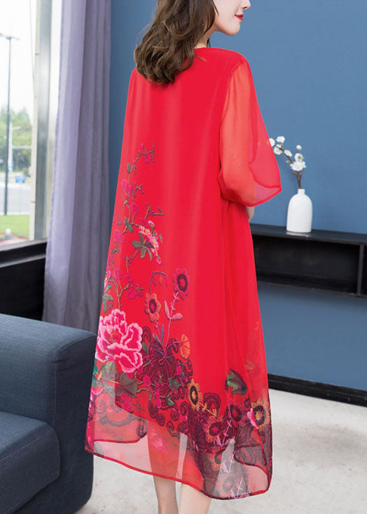 Handmade Red O Neck Floral Patchwork Chiffon Dress Summer