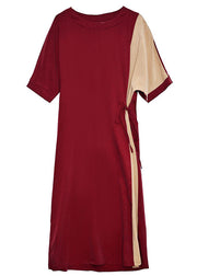 Handmade Red O-Neck Patchwork Chiffon Cinch Dresses Short Sleeve