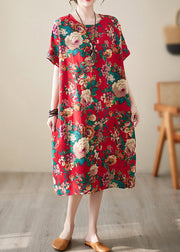 Handmade Red O-Neck Print Cotton Long Dress Short Sleeve