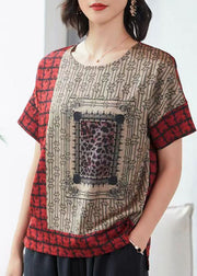 Handmade Red O Neck Print Patchwork Silk T Shirt Top Short Sleeve