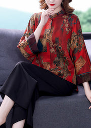 Handmade Red Original Design Mandarin Collar Print Silk Blouses Long Sleeve